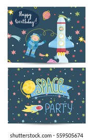 Happy birthday cartoon greeting card on space theme. Rocker with astronauts flying in cosmos among stars and planets, comet, text collage vector illustrations. Invitation on childrens costumed party