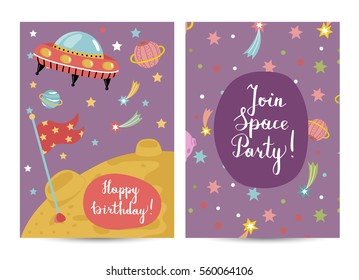 Happy birthday cartoon greeting card on space theme. Alien spaceship flying in cosmos, stars, planets, Moon with flag on surface vector illustrations. Bright invitation on childrens costumed party