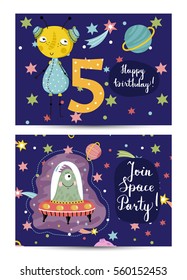 Happy birthday cartoon greeting card on space theme. Cute aliens on flying saucer, colorful stars, planets, digit five vector illustration on blue background.