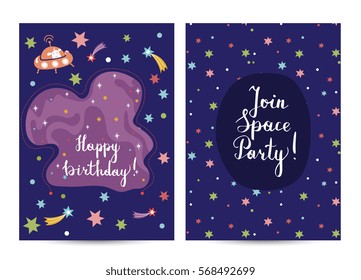 Happy birthday cartoon greeting card on space theme. Star nebula, fiery comets, alien on flying saucer vector illustration on blue background. Bright invitation on children s costumed party