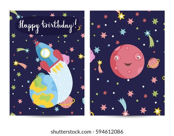 Happy birthday cartoon greeting card on cosmic theme. Rocket flying from Earth to space, smiling Mars planet surrounded stars and comets vector illustration. Invitation on childrens costumed party