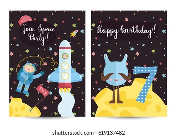 Happy birthday cartoon greeting card on space theme. Alien with number seven on moon surface, spaceship with astronaut in cosmos vector illustrations. Bright invitation on childrens costumed party