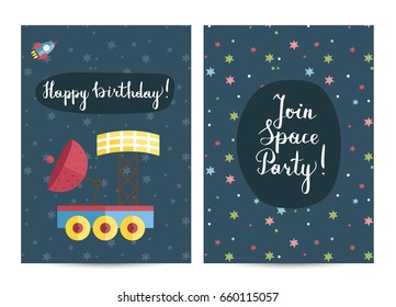 Happy birthday cartoon greeting card on space theme. Planet exploration rover with antenna and solar panel, space rocket on starry blue background vector. Invitation on childrens costumed party