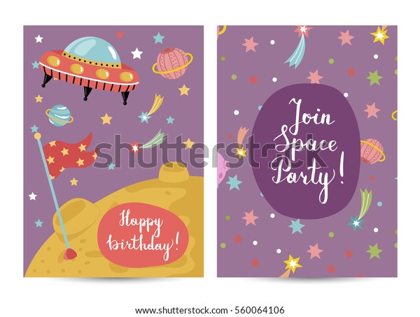 Happy birthday cartoon greeting card on space\
theme. Alien spaceship flying in cosmos, stars, planets, Moon with\
flag on surface vector illustrations. Bright invitation on\
childrens costumed party