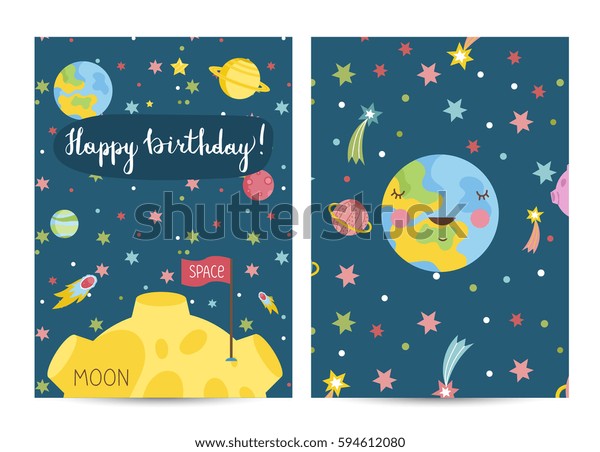 Happy birthday cartoon greeting card on space\
theme. Sleeping Earth with smile surrounded by stars and planets,\
Moon with flag on surface vector illustration. Invitation on\
childrens costumed party