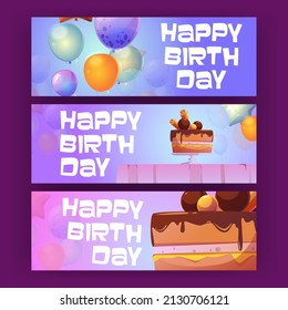 Happy birthday cartoon invitation banners with chocolate cake and balloons. Greeting card, flyer, invite for celebration, poster with sweet dessert, b-day wishes graphic design, Vector illustration