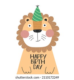 Happy birthday. cartoon lion, hand drawing lettering, decorative elements. colorful vector illustration for kids, flat style. baby design for greeting cards, print, posters, logo, cover