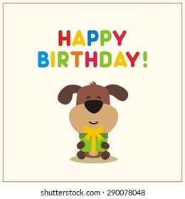 Happy birthday! Cartoon puppy dog with gift. Greetig card.