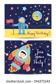 Happy birthday cartoon spaces greeting card. Cute laughing star, comets and planets vector illustration. Bright invitation on childrens costumed space party