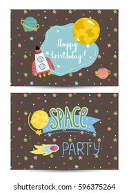 Happy birthday cartoon spaces greeting card. Cute laughing star, comets and planets vector illustration. Bright invitation on childrens costumed space party