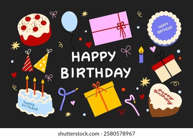 Happy Birthday Cartoon Style Stickers with Cakes, Gifts, Balloons, and Party Elements. Perfect for birthday cards, social media, invitations, stickers, and festive decorations.