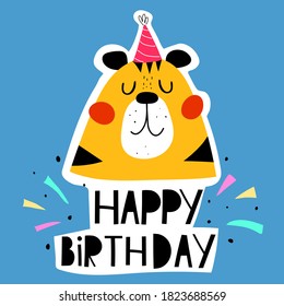 Happy birthday. cartoon tiger, hand drawing lettering, decorative elements on a neutral background. Colorful holiday vector illustration, flat style. Design for greeting cards, prints, posters