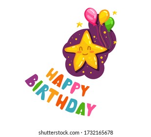 Happy birthday cartoon vector illustration. A star holds multi-colored balloons.