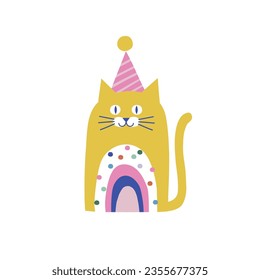  Happy Birthday cat animal paper shape cutouts style vector illustration. Scandinavian childish wild party pre-made print design.