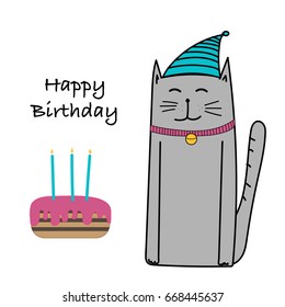 Happy Birthday Cat Cake Card Stock Vector (Royalty Free) 668445637 ...