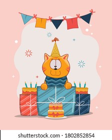 Happy birthday cat with hat holds a gift with cake in front, flag decoration above. Flat design