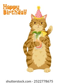 Alles Gute zum Geburtstag! Katze hält ein Glas mit mai tai Cocktail und trägt einen Partyhut. Lustige Cartoon-Vektorgrafik für Postkarten, Aufkleber, Drucke, Einladungen Design, Plakate