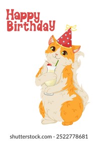 Happy birthday cat. Cat holds a glass with pina colada cocktail and wears a party hat. Funny cartoon vector illustration for postcards, stickers, prints, invitations design, posters