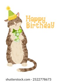 Happy birthday cat. Cat in a party hat with a glass with mojito cocktail. Funny cartoon vector illustration for postcards, stickers, prints, invitations design, posters