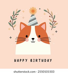 Happy Birthday Cat Vector Illustration - Perfect for Greeting Cards and Party Invitations