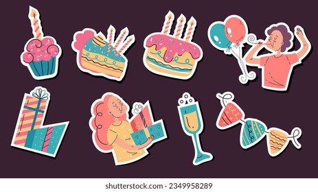 Happy birthday celebrate gift sticker set. Vector flat graphic design illustration