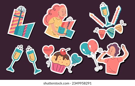 Happy birthday celebrate gift sticker set. Vector flat graphic design illustration