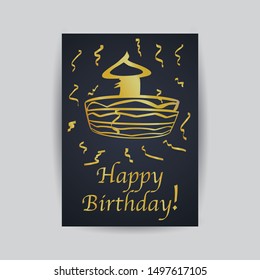 Happy birthday celebrating and greeting card, with cake and confetti, minimalism creative unique design.hand drawn line art vector illustration. Isolated on background with shadow