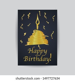 Happy birthday celebrating and greeting card, with cake and confetti, minimalism creative unique design.hand drawn line art vector illustration. Isolated on background with shadow