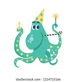 Happy birthday celebrating Octopus with sparklers, cap, cake with candle and party horn. Isolated Vector illustration on white background