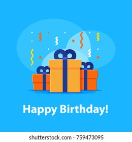 Happy birthday celebration, anniversary invitation, group of three boxes, surprise gift with falling confetti, congratulations illustration, vector flat icon