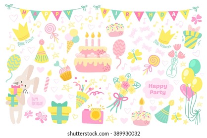 Happy birthday celebration attributes vector icons. Party background