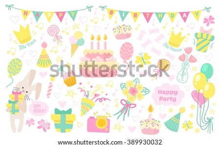 Happy birthday celebration attributes vector icons. Party background