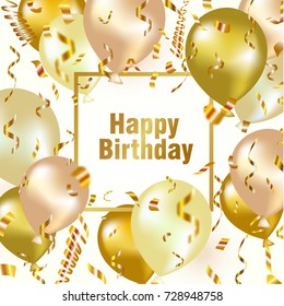 Happy birthday celebration background with gold balloon and confetti.Vector Illustration for holiday greeting card, invitation, calendar poster. Party banner with air balloons and serpentine.