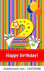 Happy Birthday. Celebration  background with number two, balloon, gift boxes and place for your text. vector illustration