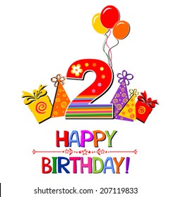 Happy Birthday. Celebration background with number two, balloon, gift boxes and place for your text. vector illustration 