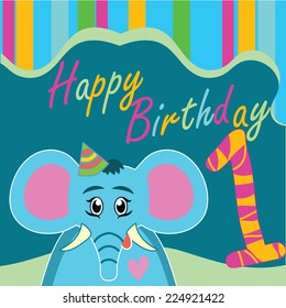 Happy Birthday. Celebration background with number one and elephant, vector illustration