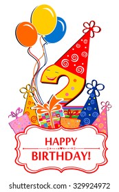 Happy Birthday. Celebration background with number two, balloon, gift boxes and place for your text. vector illustration