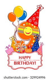 Happy Birthday. Celebration background with number nine, balloon, gift boxes and place for your text. vector illustration