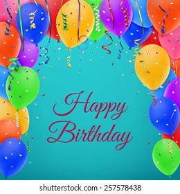 Happy birthday celebration background template with konfetti, colorful ribbons and balloons. Vector illustration