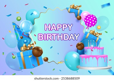 Happy Birthday Feier Hintergrund, Grußkarte und Banner Vektorgrafik.Geschenkbox, glänzende Ballons, Schokolade Ball, Lollipop und Geburtstag Symbole dekorative moderne und kreative Kulisse. 