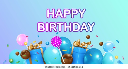 Happy Birthday Feier Hintergrund, Grußkarte und Banner Vektorgrafik.Geschenkbox, glänzende Ballons, Schokolade Ball, Lollipop und Geburtstag Symbole dekorative moderne und kreative Kulisse. 