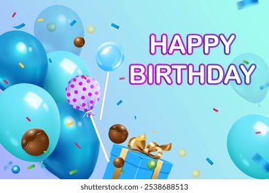 happy birthday celebration background,greeting card and banner vector illustration.gift boxes,shiny balloons,chocolate ball,lollipop and birthday symbols decorative modern and creative backdrop. 