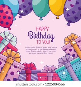 happy birthday celebration with balloons and presents