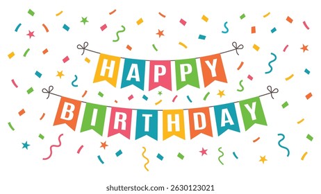 Happy birthday celebration banner with festive bunting and confetti on white background, vector illustration