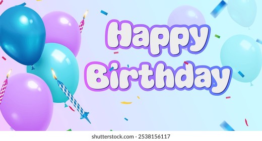 Anuncio de celebración de feliz cumpleaños y elemento de diseño de tarjeta de felicitación Globos brillantes y brillantes y velas de cumpleaños Ilustración vectorial de fondo abstracto creativo y moderno decorativo.