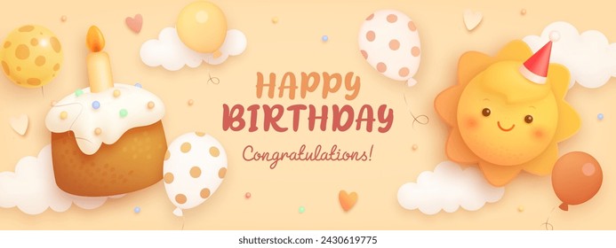 Happy birthday celebration banner with realistic cartoon 3d sun and cake on beige background. Happy birthday card or invitation for children. Vector illustration