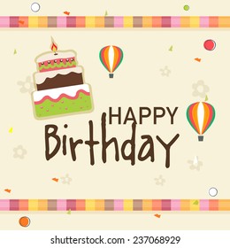 Happy Birthday celebration beautiful Invitation card with hot air balloon and delicious cake.