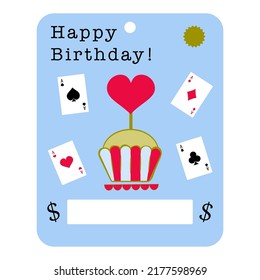 Happy Birthday celebration blank. Money postcard mock up with place for money. Greeting card with playing card illustration, funny design. Vector
