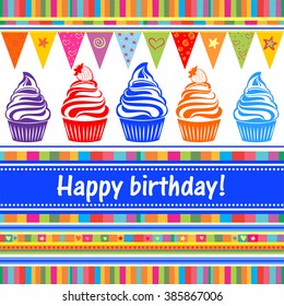 Happy Birthday. Celebration blue background with cute cupcake and place for your text. vector illustration 