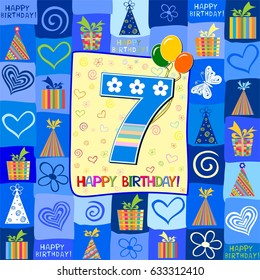 Happy Birthday. Celebration blue background with number seven, balloon, gift boxes and place for your text. vector illustration